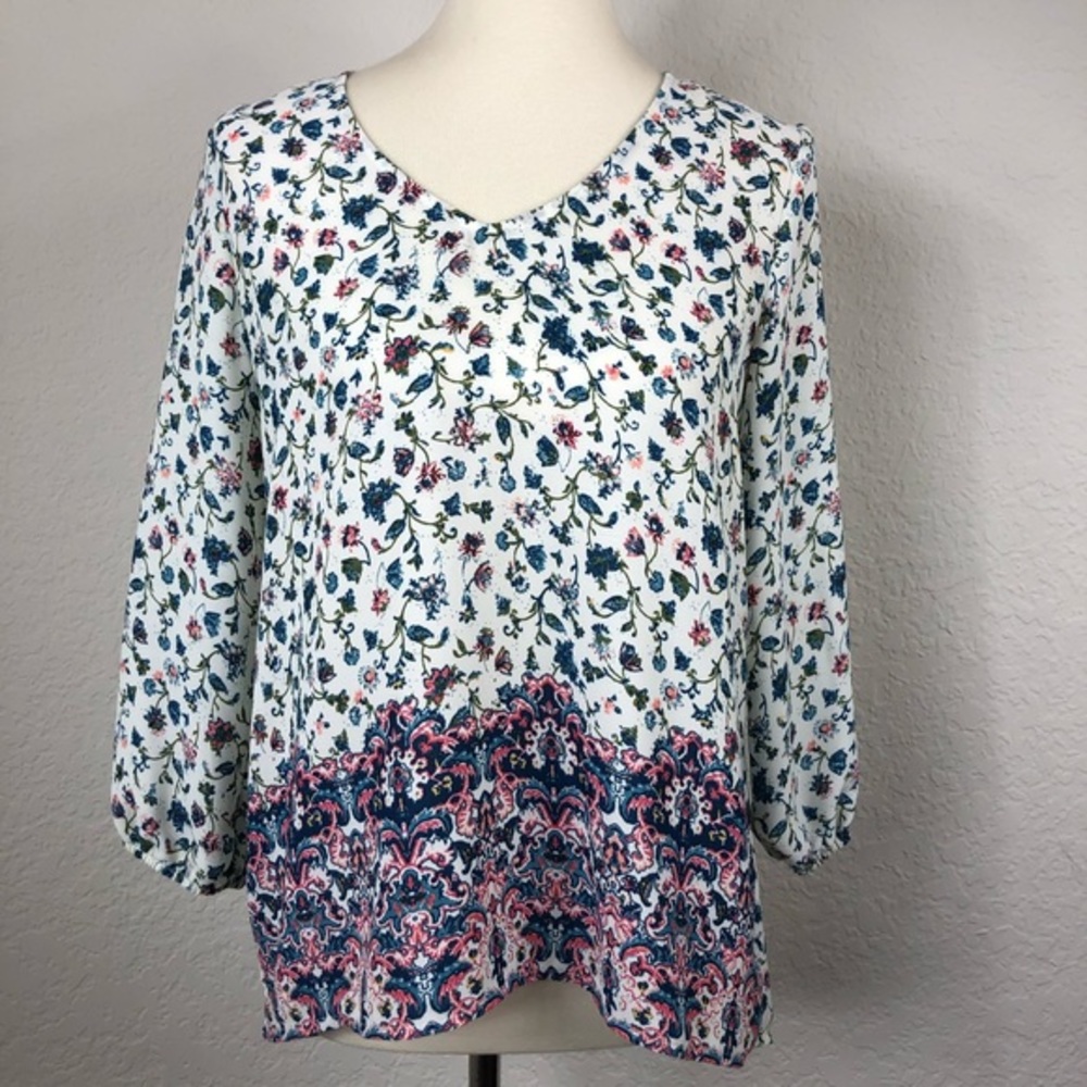 Eyeshadow Cream Pink Blouse Top Shirt Floral High Low Women’s V Neck Sz S